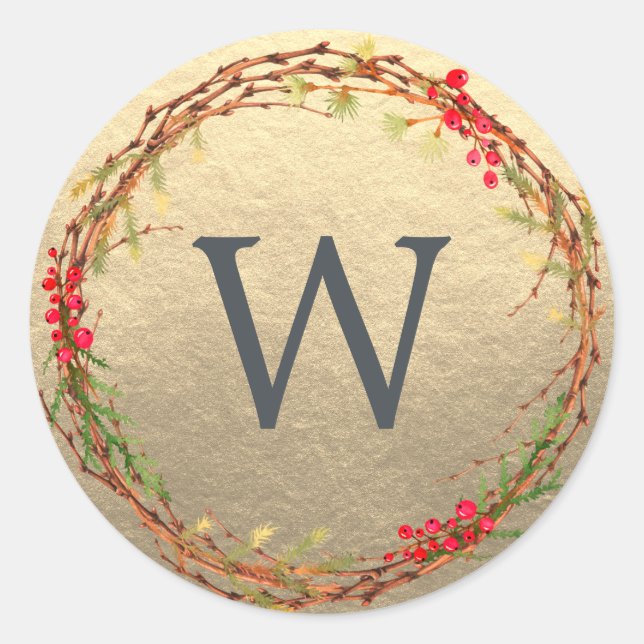 Weihnachts Monogram Winter Greenerity Wreath Gold Runder Aufkleber (Vorderseite)