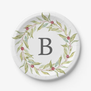 Weihnachts Monogram Winter Greenery Blätter Berrie Pappteller