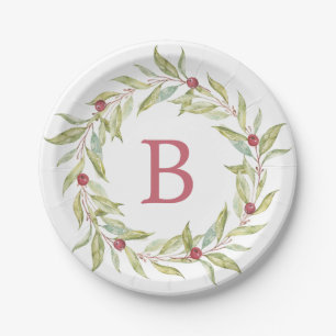 Weihnachts Monogram Winter Greenery Blätter Berrie Pappteller