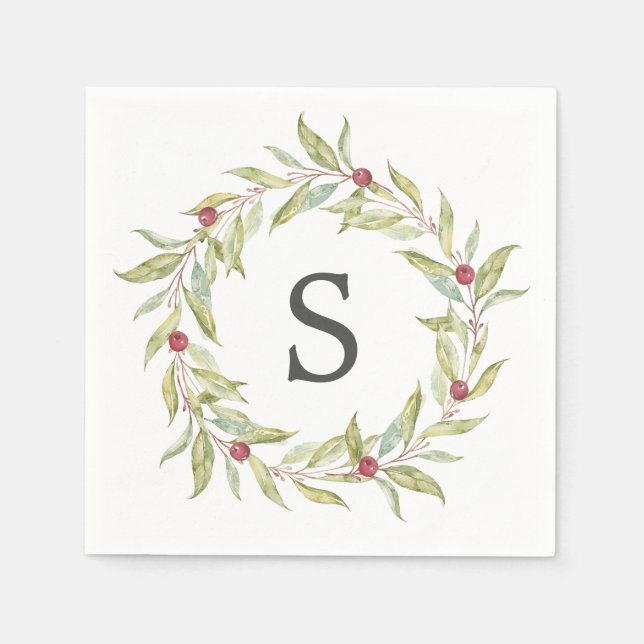 Weihnachts Monogram Winter Greenery Blätter Berrie Serviette (Vorderseite)