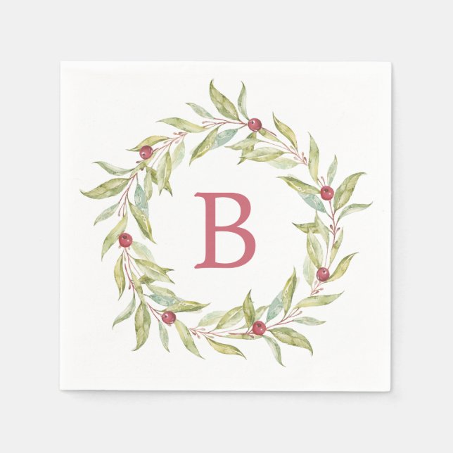 Weihnachts Monogram Winter Greenery Blätter Berrie Serviette (Vorderseite)