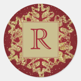 Weihnachts-Monogramm-Glitzer Snowflake Red Gold Runder Aufkleber