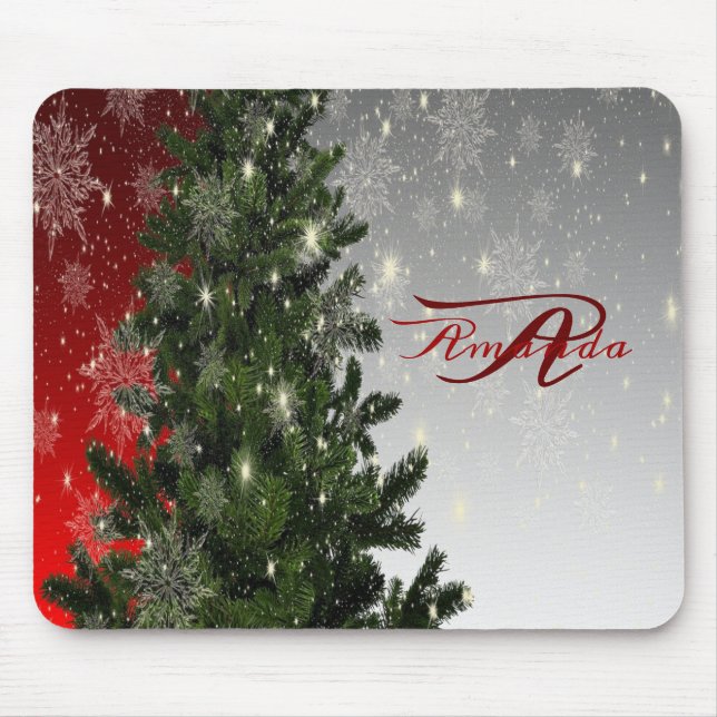Weihnachts-Monogramm Grüner Tree Roter Silberschne Mousepad (Vorne)