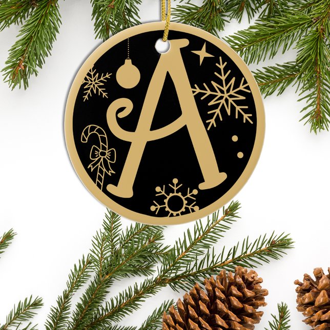 Weihnachts Monogramm Letter A Gold Black Keramik Ornament (Von Creator hochgeladen)