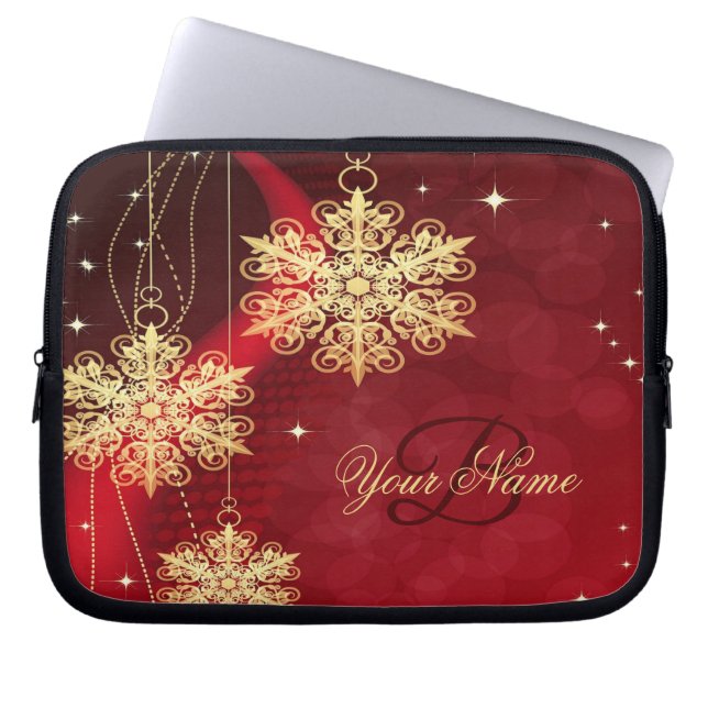 Weihnachts Monogramm Name Roter goldener Schneeflo Laptopschutzhülle (Vorderseite)