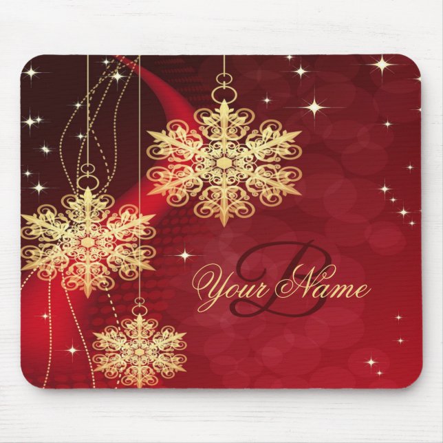 Weihnachts Monogramm Name Roter goldener Schneeflo Mousepad (Vorne)