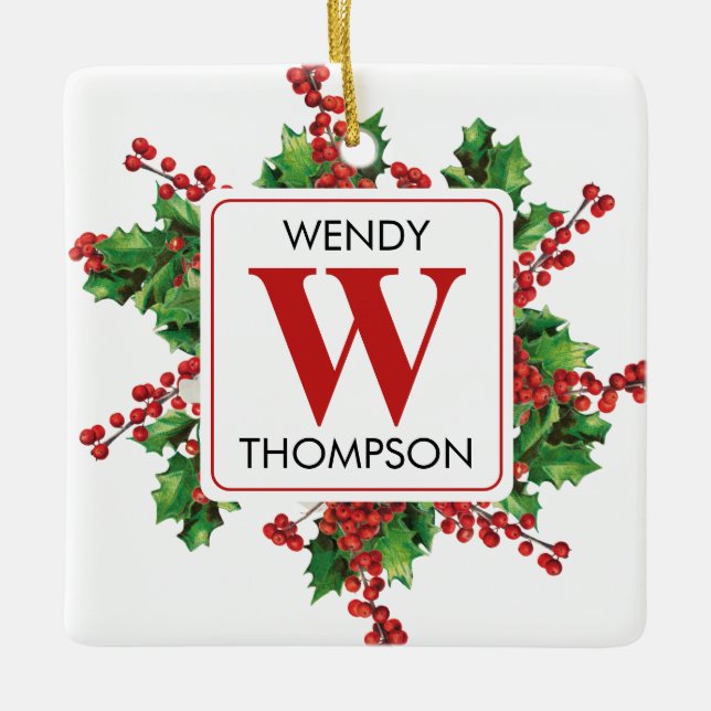 Weihnachts-Monogramm Rot & Grün Keramikornament (Vorderseite)