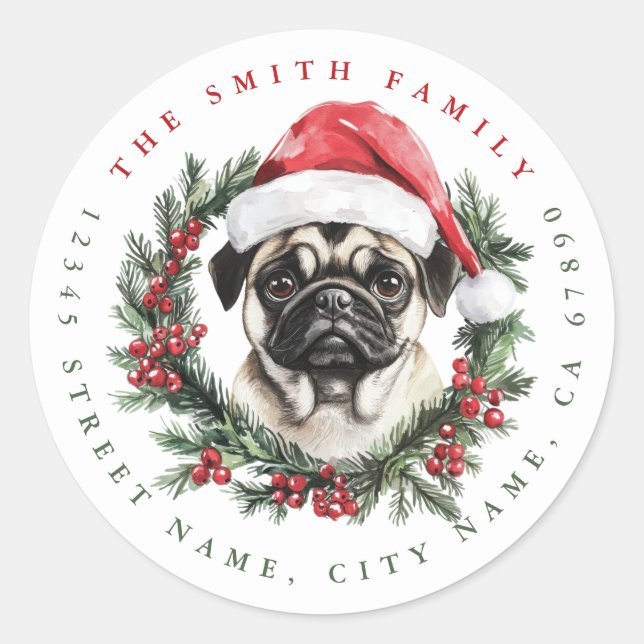 Weihnachts-Mops-Aufkleber Runder Aufkleber (Vorderseite)