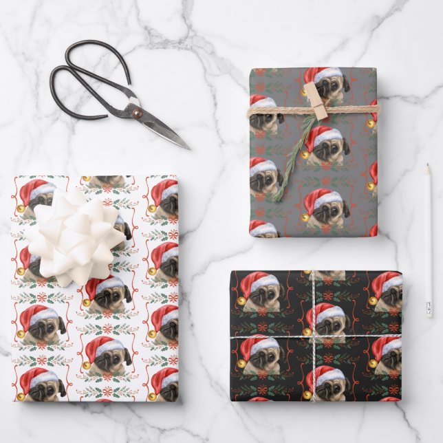 Weihnachts-Mops Geschenkpapier Set (Vorderseite)