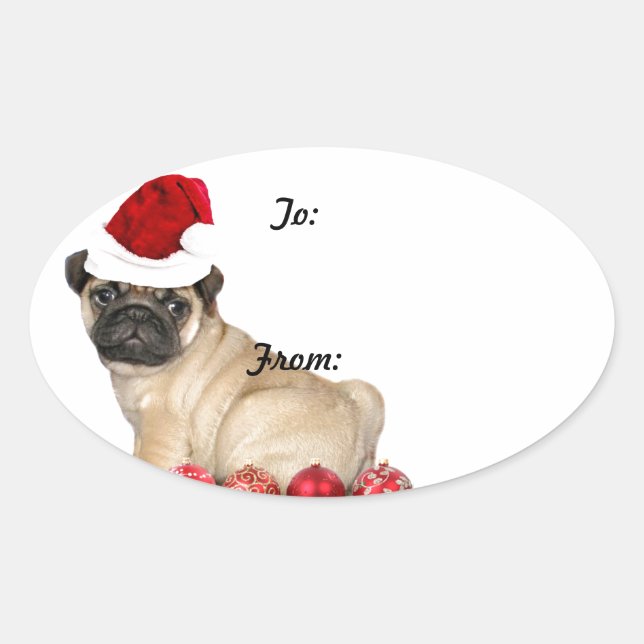 Weihnachts-Mops-Geschenksticker Ovaler Aufkleber (Vorderseite)