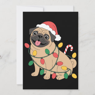 Weihnachts-Mops-Hund-Santa-Hut-Lichter-Zuckerstang Einladung