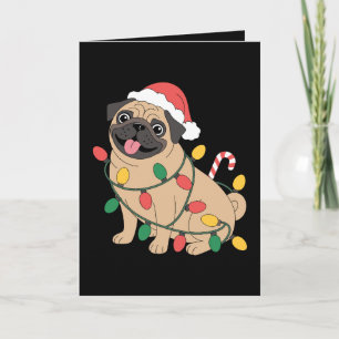 Weihnachts-Mops-Hund-Santa-Hut-Lichter-Zuckerstang Karte