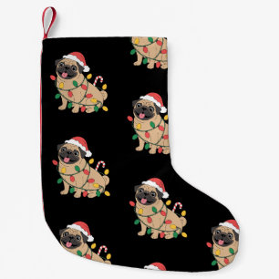 Weihnachts-Mops-Hund-Santa-Hut-Lichter-Zuckerstang Kleiner Weihnachtsstrumpf
