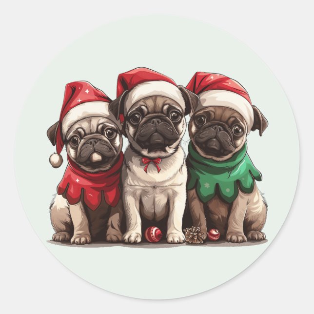 Weihnachts-Mops-Hunde Runder Aufkleber (Vorderseite)