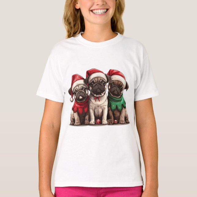 Weihnachts-Mops-Hunde T-Shirt (Vorderseite)
