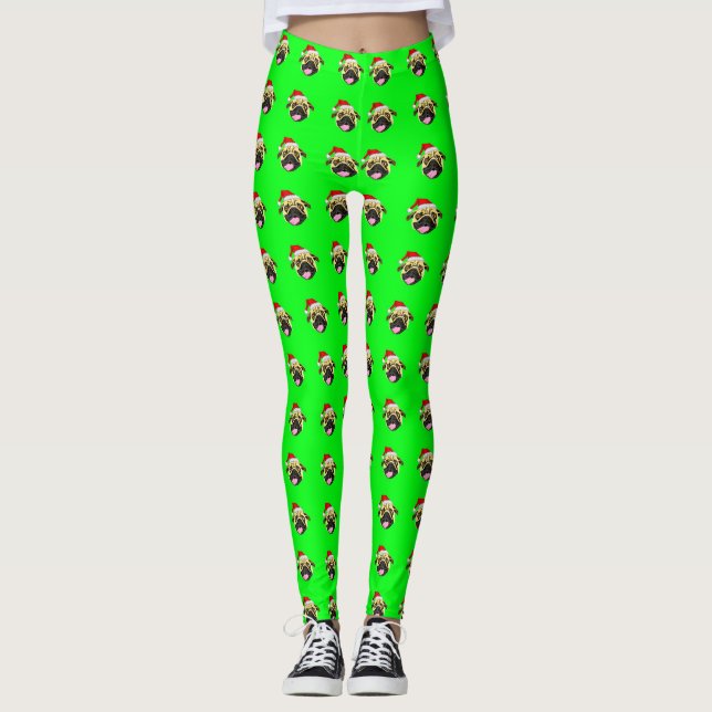 Weihnachts-Mops Leggings Green (Vorderseite)