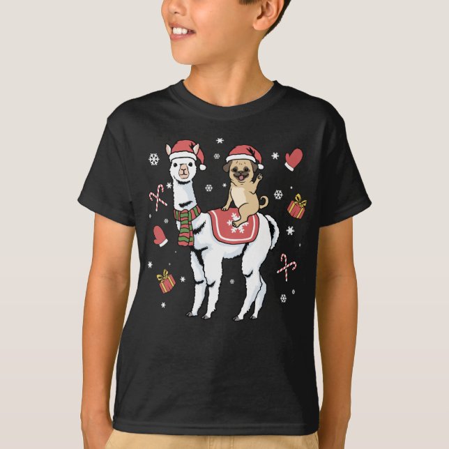 Weihnachts-Mops Llama Dog Frohe Weihnachten Alpaca T-Shirt (Vorderseite)