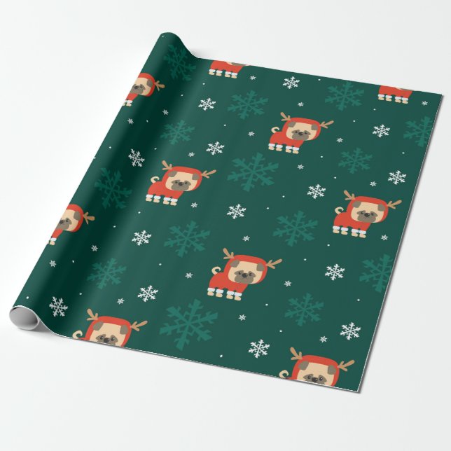 Weihnachts-Mops Rentier Pattern Geschenkpapier (Ungerollt)