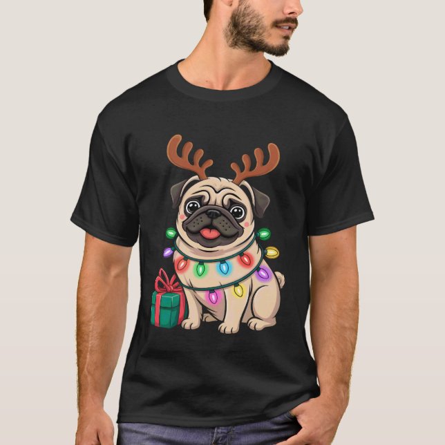 Weihnachts-Mops-Rentier T-Shirt (Vorderseite)