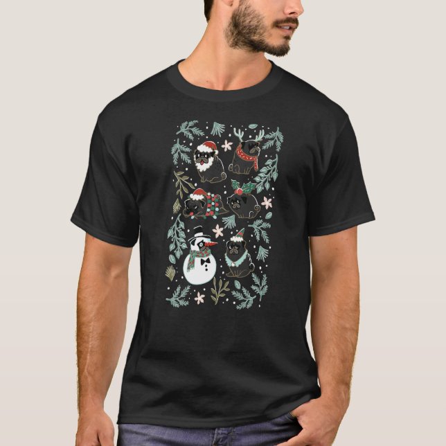 Weihnachts-Mops Schwarz T-Shirt (Vorderseite)