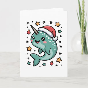 Weihnachts-Narwal-Weihnachtsmann-Hut-Sterne-Schmuc Karte