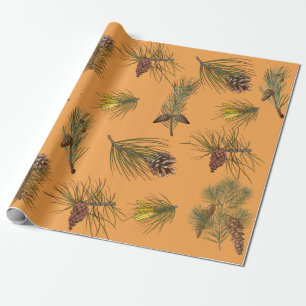 Weihnachts-Natur-Kiefernzapfen und Zweige Orange Geschenkpapier