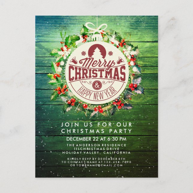 Weihnachts-Neujahrsparty Holly Wreath Snow Postkarte (Vorderseite)
