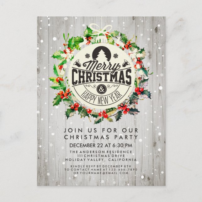 Weihnachts-Neujahrsparty Holly Wreath Snow Postkarte (Vorderseite)