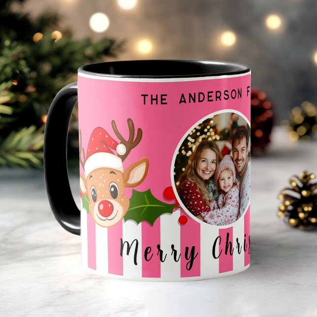 Weihnachts-Niedliches Foto Santa Reindeer & Holly Tasse (Christmas Cute Santa Reindeer & Holly Family Photo Mug)