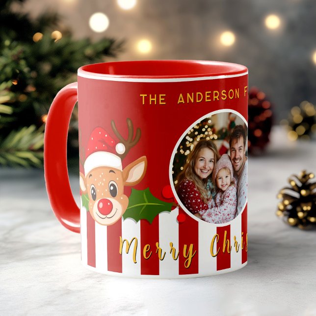 Weihnachts-Niedliches Foto Santa Reindeer & Holly Tasse (Christmas Cute Santa Reindeer & Holly Family Photo Mug)