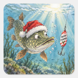 Weihnachts-Nordernpike-Fisch mit Santa-Mütze Quadratischer Aufkleber