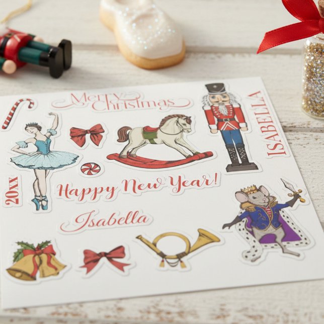 Weihnachts-Nussknacker-Ballett-Aufkleberbogen Aufkleber (Festive Red & Gold Christmas Nutcracker Ballet Stickers. Nutcracker, Sugar Plum Fairy, Mouse King)