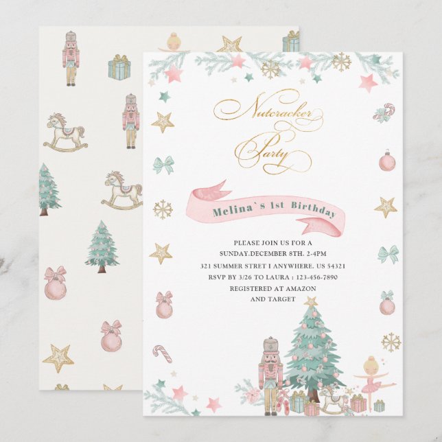 Weihnachts-Nutcracker Ballet Rosa Aquarellbaby Einladung (Vorne/Hinten)