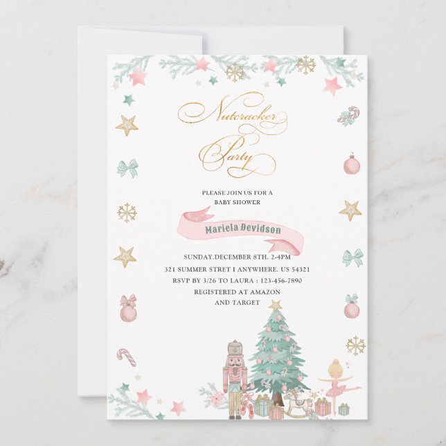 Weihnachts-Nutcracker Ballet Rosa Aquarellbaby Einladung (Vorderseite)