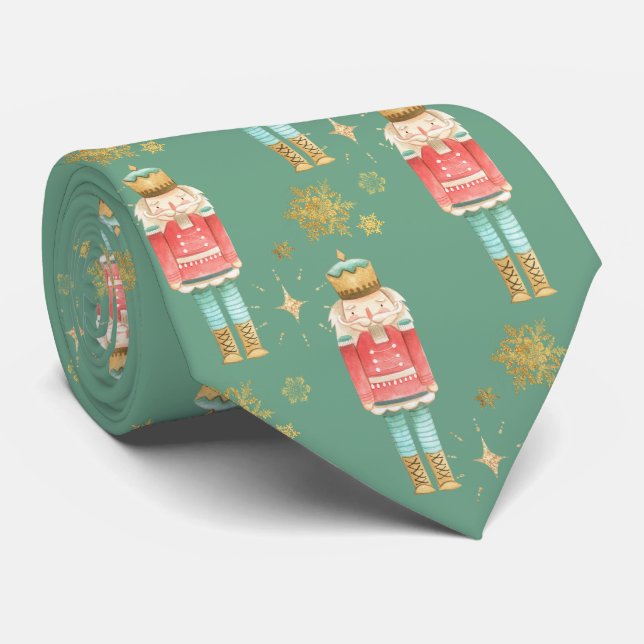 Weihnachts-Nutcracker Golden Snowflakes Green Krawatte (Gerollt)