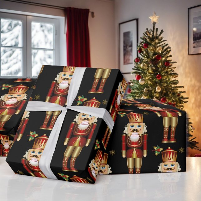 Weihnachts Nutcracker Red Gold & Black Geschenkpapier (Von Creator hochgeladen)