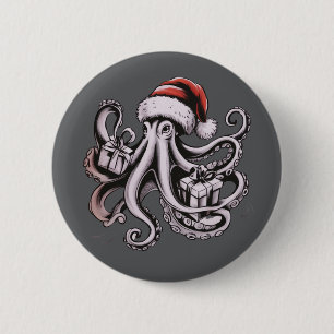 Weihnachts-Oktopus-Feiertag Santa Hut Xmas Button