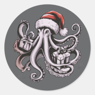 Weihnachts-Oktopus-Feiertag Santa Hut Xmas Runder Aufkleber