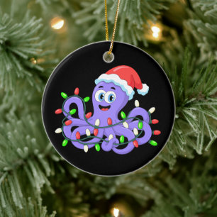 Weihnachts-Oktopus-Santa-Hut-Lichter Tentakel Xmas Keramik Ornament