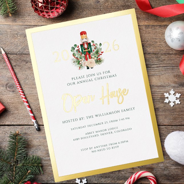 Weihnachts-Open-House-Nussknacker-Script Folieneinladung (Christmas Open House 2026 Nutcracker Script Foil Invitation)
