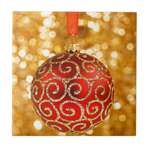 Weihnachts-Ornament Rot mit Gold Twinkle Lights Fliese