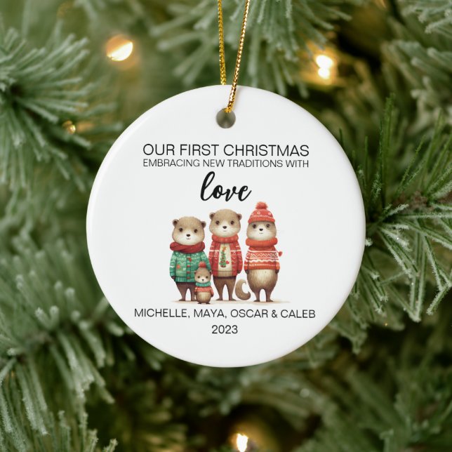 Weihnachts-Otter-Familie von vier Keramik Ornament (Baum)