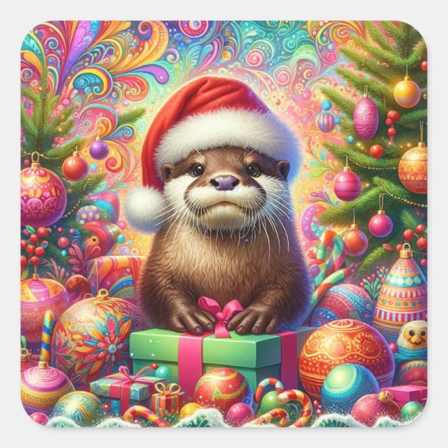 Weihnachts-Otter Quadratischer Aufkleber (Vorderseite)