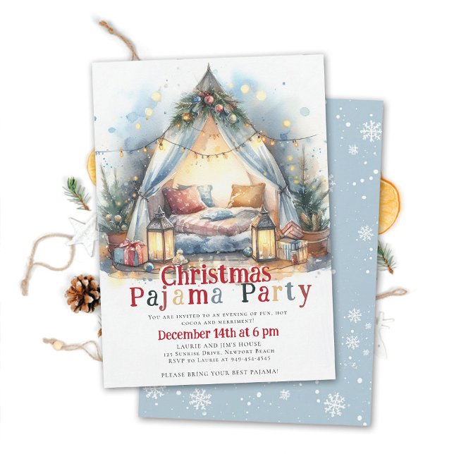 Weihnachts Pajama Party Zelt Kissen Twinkle Lichte Einladung (christmas pajama party invitation slumber sleepover tent watercolor twinkle lights happy colorful )