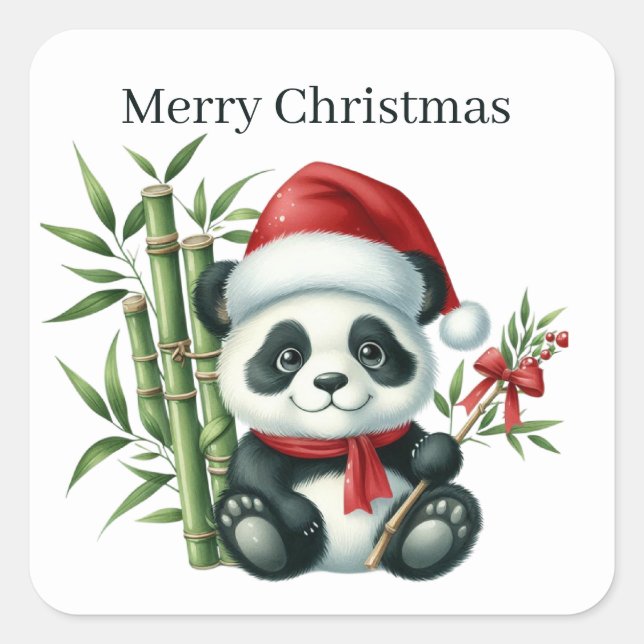 Weihnachts-Panda hinzufügen Text Quadratischer Aufkleber (Vorderseite)