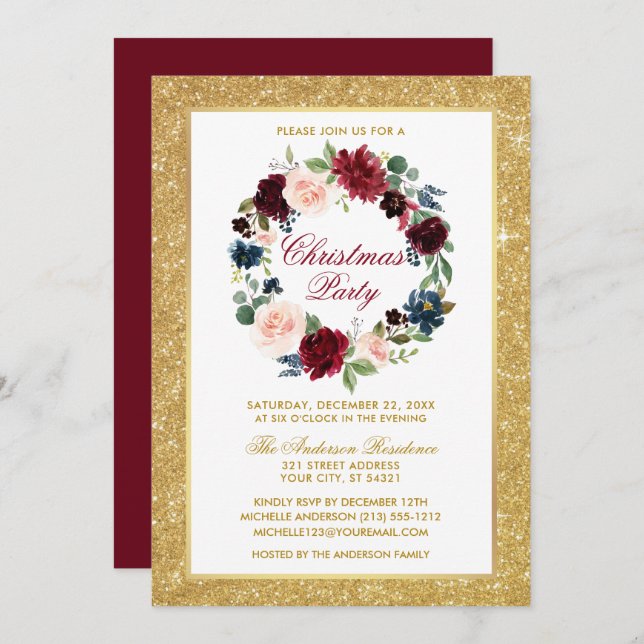Weihnachts-Party Aquarellfarben Glitzer Einladung (Vorne/Hinten)