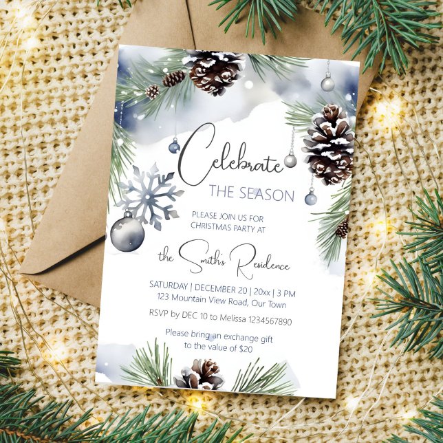 Weihnachts-Party Aquarellkiefern Einladung (Celebrate the season Christmas dinner party editable template invitation digital download watercolor)