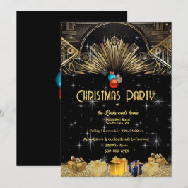Weihnachts Party Art Deco Gold Schwarz Einladung