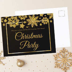 Weihnachts-Party Black Gold Snowflakes Einladungspostkarte