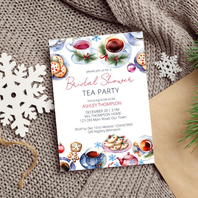 Weihnachts-Party-Brautparty Einladung (Christmas tea party bridal shower editable template invitation digital download watercolor tea cups)